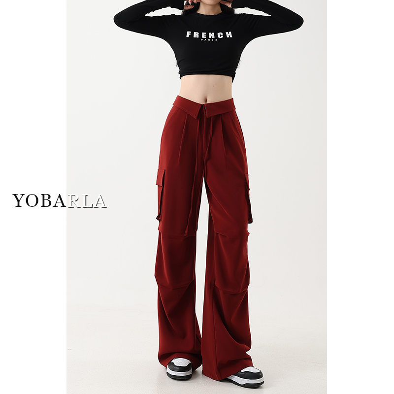 Red Casual Wide-Leg Cargo Pants for Women, Spring, Plus Size, High-Waisted, Loose, Slimming, Pear-Shaped Body, Straight-Leg Pants