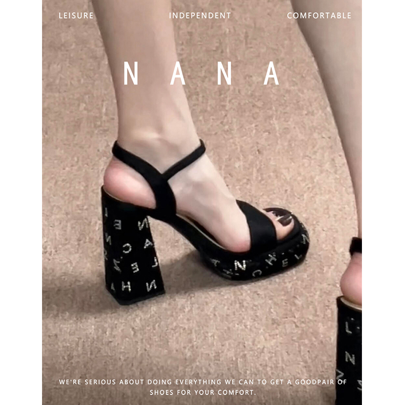 Make Your Legs Look Longer! Black Chunky Heel Platform Sandals with Full Rhinestones, Versatile, Slimming, New Summer Thick-Soled Chanel-Style High-Heeled Sandals for Women