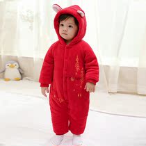 British Baby New Year clothes jumpsuit autumn and winter thick warm clothes red hooded cotton clip cotton baby wear winter clothes