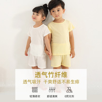  Childrens summer clothes set short-sleeved solid color childrens home clothes ultra-thin 2-year-old 4 baby bamboo fiber cotton pajamas