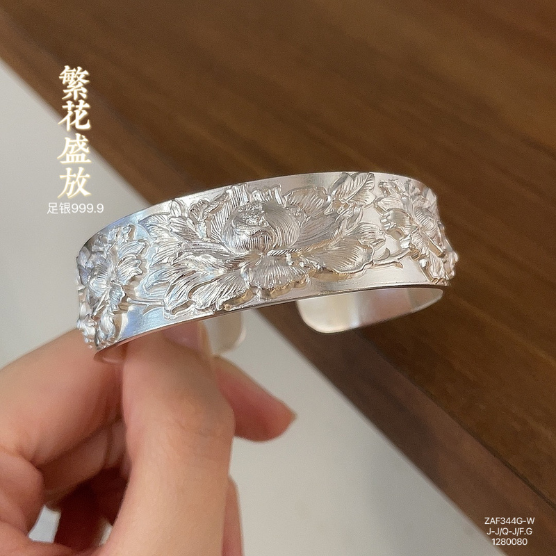 Zhou Huanfu 999.9 Pure Silver Peony Blossom Open Bracelet, High-End National Trend New Chinese Style Exquisite Gift for Girlfriend