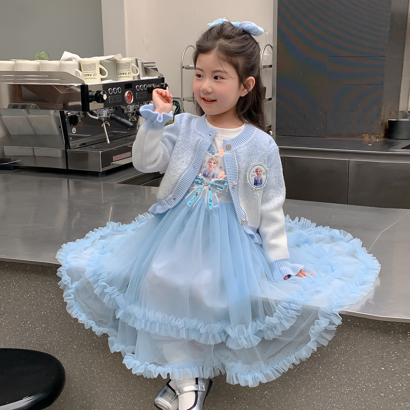 Baby Girl's Autum Elsa Princess Dress 2025 New Kidsren's Cartoon Elsa Puffy Mesh Dress Two-Piece Set