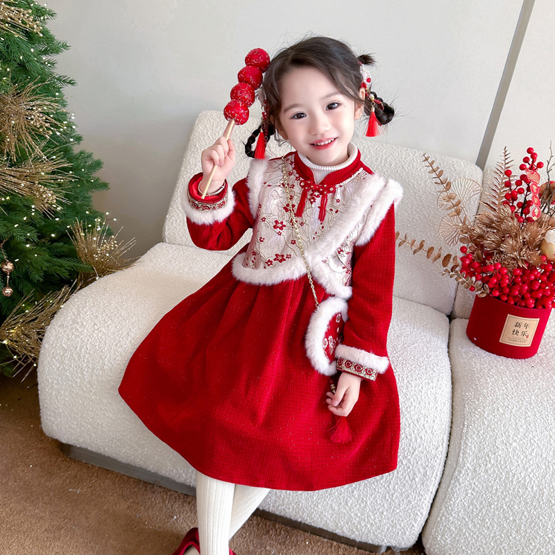女の赤ちゃん冬肥厚新年のご挨拶クリスマス元旦パフォーマンス服少女中国風チャイナドレススカート新年スカート