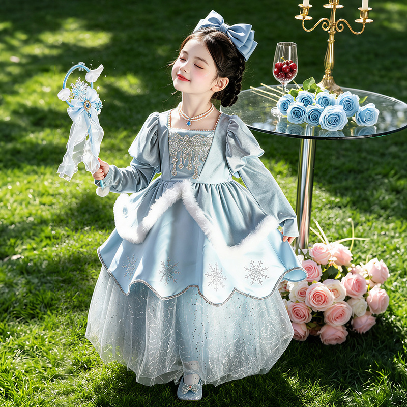 Girls' Autumn and Winter Elsa Princess Dress Frozen Mesh Puffy Dress Birthday Elsa Dress Cape Dress