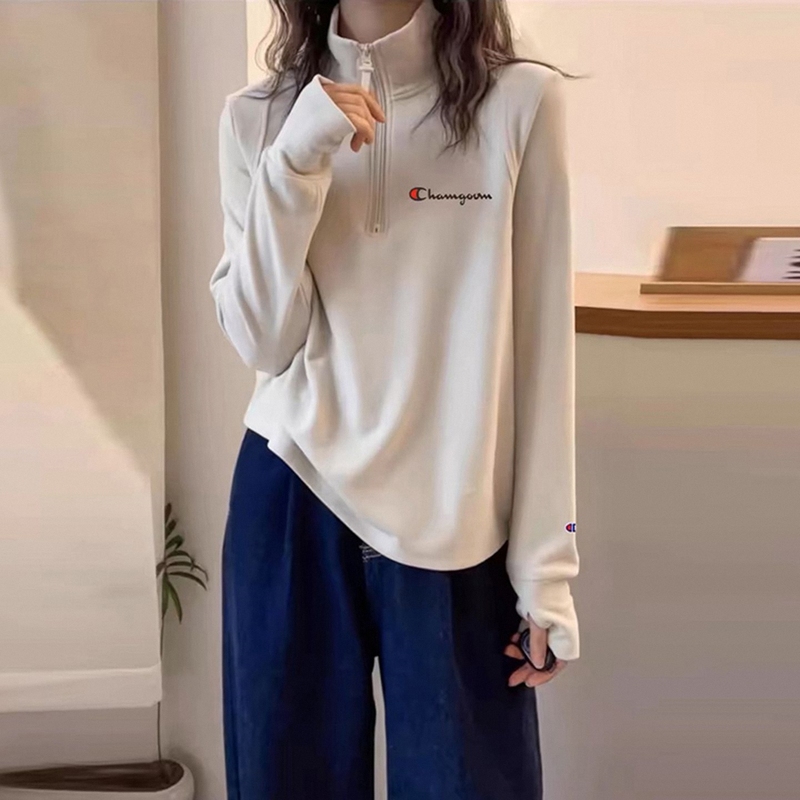 Champion Lingyu Half-Zip Sweatshirt for Women, Autumn Cycling Yoga Outdoor Thermal Velvet Stand-Up Collar Long-Sleeve T-Shirt Base Layer