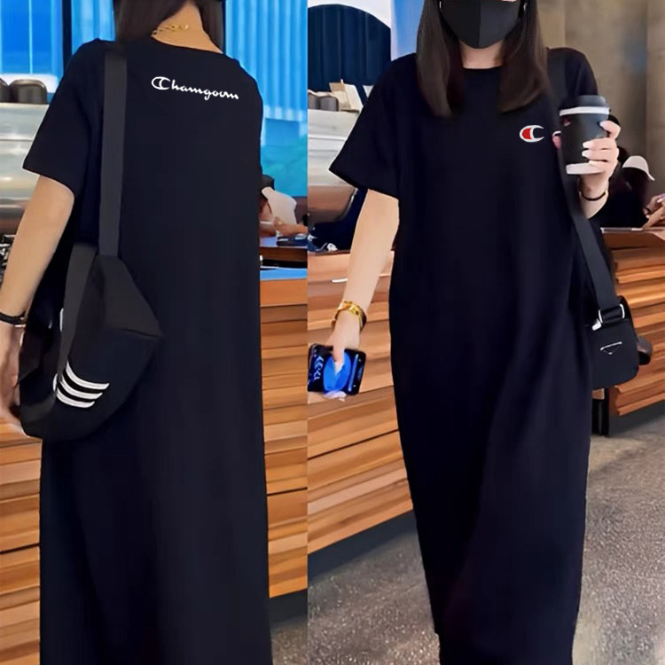Japanese Version Champion Lingyu Black Dress Women's Summer Short-Sleeved Loose Large Size Round Neck Long T-Shirt Dress Over-The-Knee Long Dress Japanese Version Champion Lingyu Black Dress Women's Summer Short-Sleeved Loose Large Size Round Neck Long T-Shirt Dress Over-The-Knee Long Dress