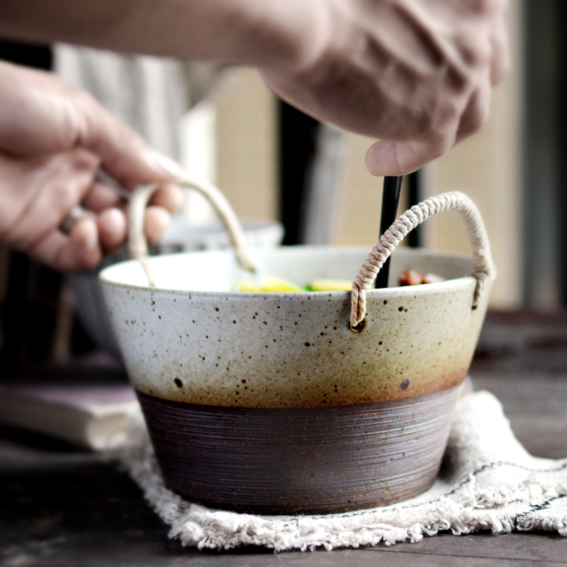 Jingdezhen Japanese-style Rope Bowl Bowl of Bowl with full-handed Handle Soup Bowl