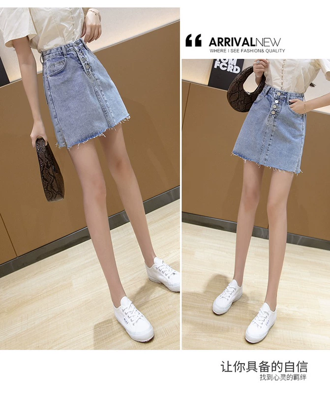 Mùa hè 2020 mới váy denim cao eo hoang dã của phụ nữ tóc mỏng cạnh chẻ một túi hông váy ngắn - Váy