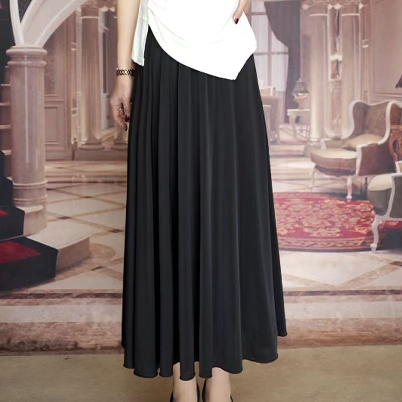 2026 New Style Middle-Aged and Elderly Women's Skirt, Ice Silk Elastic High-Waisted Slimming Solid Color Dance Skirt, Large Hem Long Skirt
