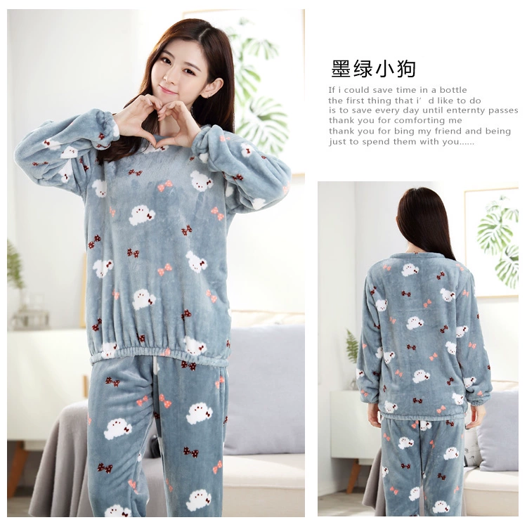 Bộ đồ ngủ lông cừu san hô đặc biệt hàng ngày dành cho phụ nữ ấm áp phục vụ nhà flannel Đồ ngủ dễ thương dễ thương của Hàn Quốc hình ảnh đồ bộ kiểu