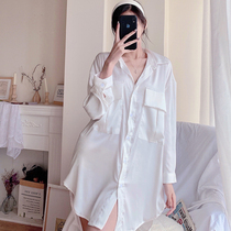 2022 Sleeping Dress Woman Spring Summer Ice Silk Sexy Thin white shirt net red bursting with a long sleeping coat high level