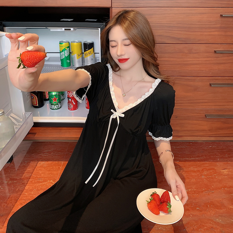 Sleepwear women Summer pure desire Winds Black Modale Cotton Slim Sexy Temperament Lace Thin short sleeves Long version Sleeping dress