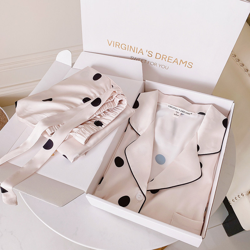 Cow's Milk Pop ~ Spring Akins Sleeping Girl Podot Ice Silk Satin Silk Slip Round Point Long Sleeves Long Pants Loose home clothes