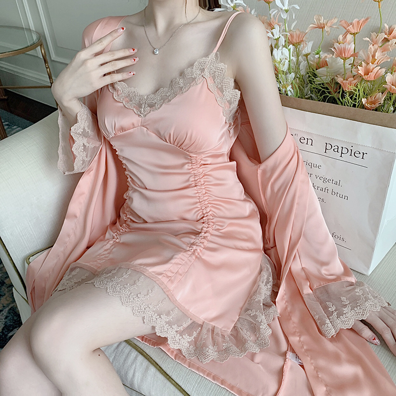 Pajamas women spring and summer with chest pad sexy ice silk 2022 new pure desire lace suspenders nightdress nightgown suit