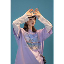 UBUIE dried fish purple short-sleeved t-shirt womens summer 2021 new loose sweet printed half-sleeved top