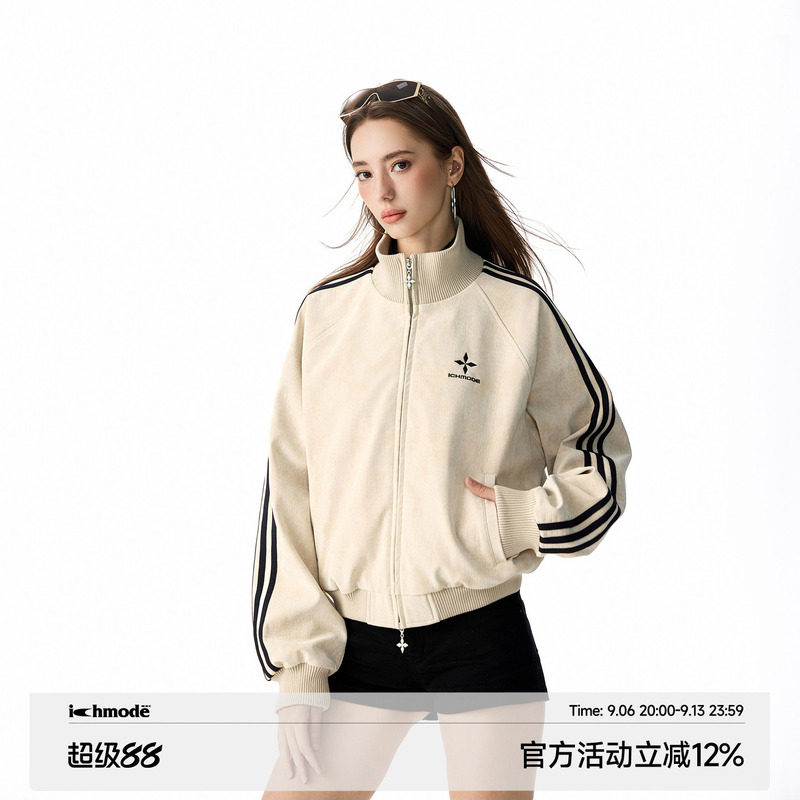 Ichmode Celebrity Style Three-Stripe Lychee Pattern Pu Leather Jacket for Women 2026 Autumn Sports Jacket Ichmode Celebrity Style Three-Stripe Lychee Pattern Pu Leather Jacket for Women 2026 Autumn Sports Jacket