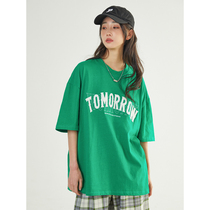 UBUIE dried fish short sleeve female round collar flocking embroidery green loose Korean version 2022 Summer new lovers T-shirt