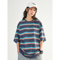 UBUIE Dry Fish Striped T-shirt Female Summer Round Collar Minimalist Smiley Face and Mens Inner Lap Design Feel Short Sleeve Blouse