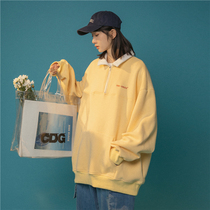 UBUIE dried fish yellow polo collar clothes female spring and autumn thin loose pullover half zipper college top female