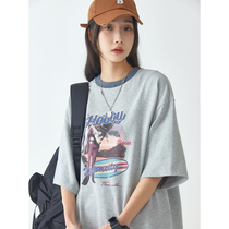 UBUIE dried fish short sleeve T-shirt woman 2022 new loose round collar hit color American vintage printed middle sleeve blouse
