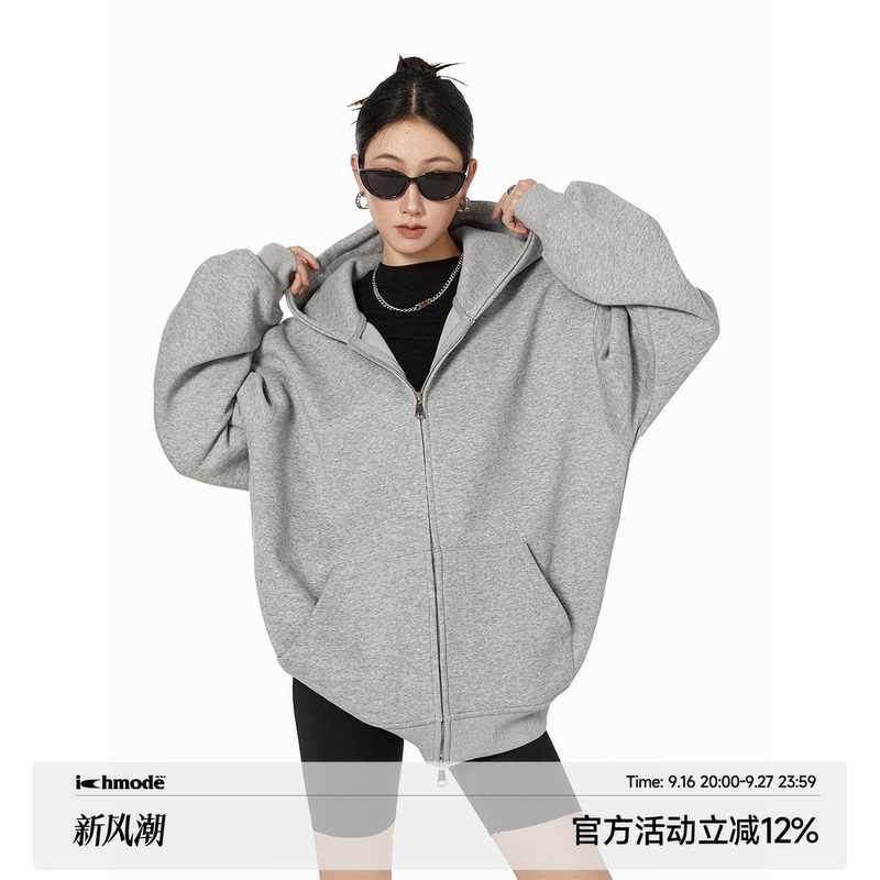 Ich Mode American-Style Heavyweight Gray Sweatshirt Jacket for Women, New Loose-Fitting Hooded Zip-Up Cardigan Top for Autumn Ich Mode American-Style Heavyweight Gray Sweatshirt Jacket for Women, New Loose-Fitting Hooded Zip-Up Cardigan Top for Autumn