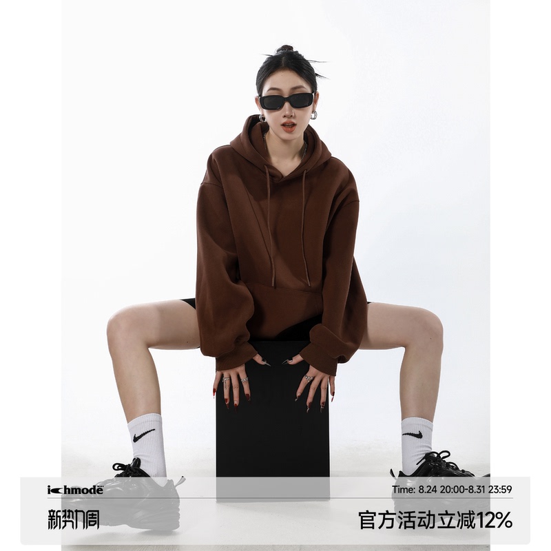 Ich Mode American-Style Hooded Coffee-Colored Sweatshirt for Women, New Autumn Loose Solid Color Pullover Jacket, Lazy Style Ich Mode American-Style Hooded Coffee-Colored Sweatshirt for Women, New Autumn Loose Solid Color Pullover Jacket, Lazy Style
