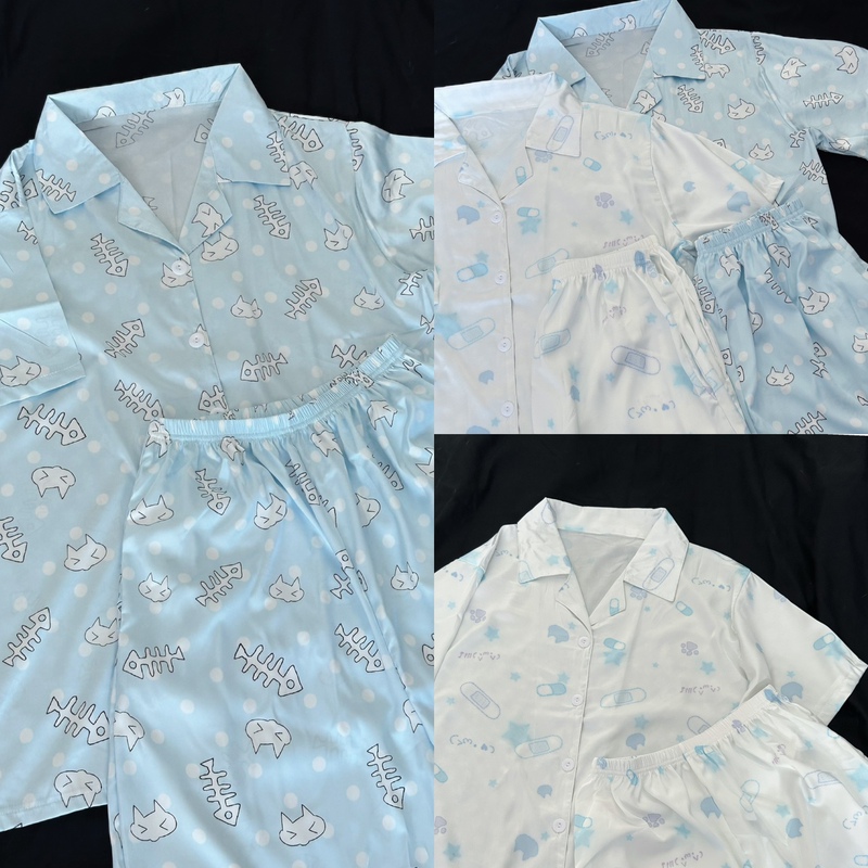 Yameko Original Aqua Cat Pajamas Subculture Fishbone Cat Head Ice Silk Short-Sleeved Long Pants Set Shirt Cute at Home Yameko Original Aqua Cat Pajamas Subculture Fishbone Cat Head Ice Silk Short-Sleeved Long Pants Set Shirt Cute at Home