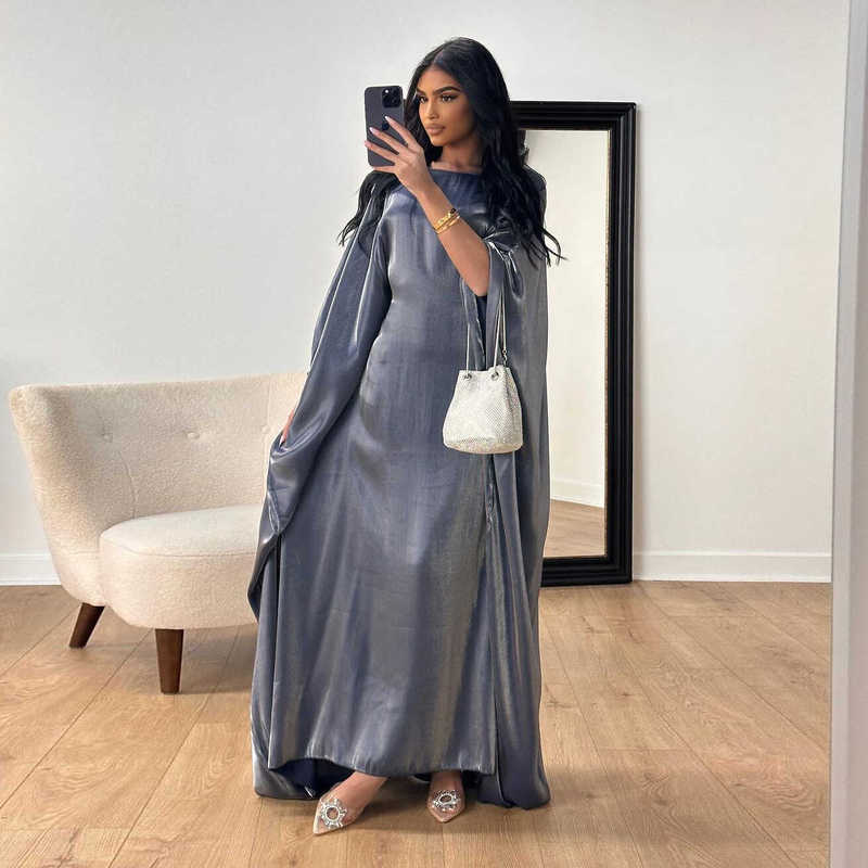 Shiny Satin Waist-Cinching Robe Long Dress with Batwing Sleeves, Feminine Dress Dubai Dress Robe Women