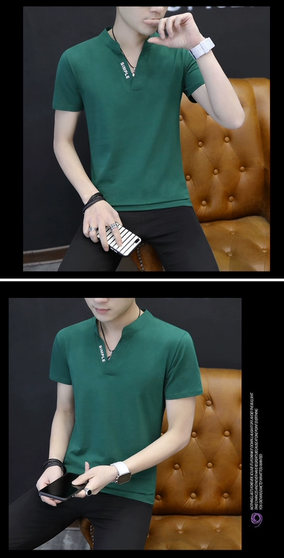 Áo thun nam tay ngắn phong cách mới 裇 cotton cổ áo nhỏ đứng cổ áo mùa hè nam áo ngắn áo thun burberry