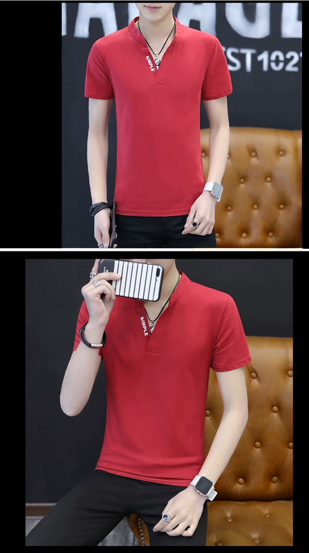 Áo thun nam tay ngắn phong cách mới 裇 cotton cổ áo nhỏ đứng cổ áo mùa hè nam áo ngắn áo thun burberry