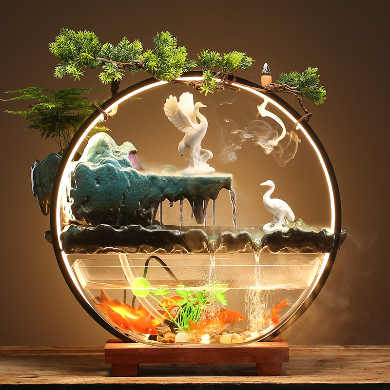 Circular ecological fish tank lucky transfer living room desktop acrylic running water fish tank landscaping creative gift ornaments