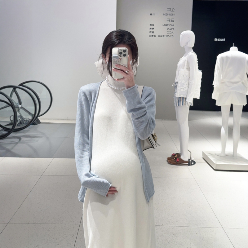 Haide Maternity Wear Half-High Collar Short-Sleeved French Style Elegant and Slim Mid-Length Maternity Dress