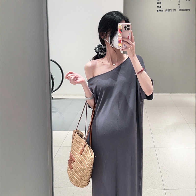 Haide Maternity Wear Summer Irregular Off-Shoulder Korean Style Lazy Simple Casual Slimming Lazy T-Shirt Dress