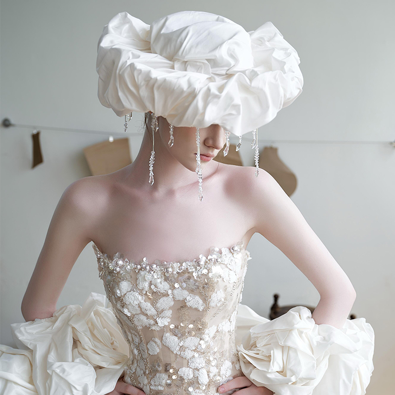 French-Style Super Fairy Crystal Tassel Cloud Hat White Wedding Dress Accessories Bridal Headpiece High-End Retro Versatile