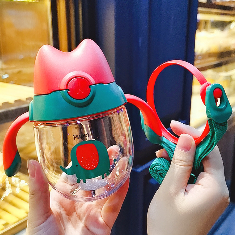Children's sippy cup with scale and handle baby drinking milk cup anti-fall cute cartoon kindergarten dual-use kettle