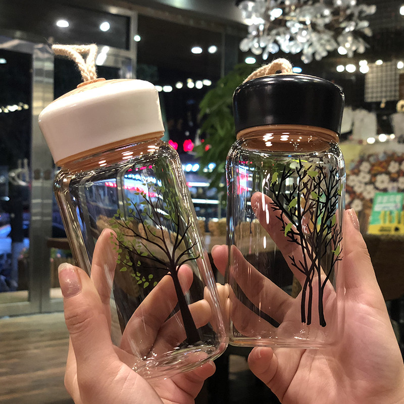 Simple glass cup creative water cup men and women transparent couple with lid tea cup student office portable accompanying cup