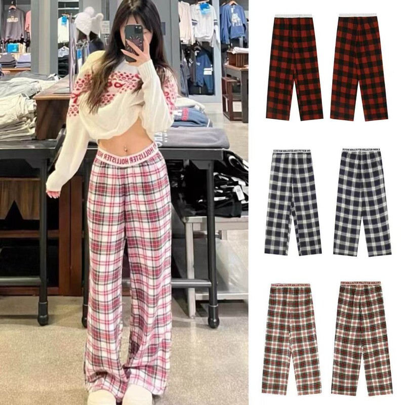 Hollister American Retro Small Seagull Plaid Letter Casual Versatile Long Pants Pajama Pants Plaid Pants Trendy Style Hollister American Retro Small Seagull Plaid Letter Casual Versatile Long Pants Pajama Pants Plaid Pants Trendy Style