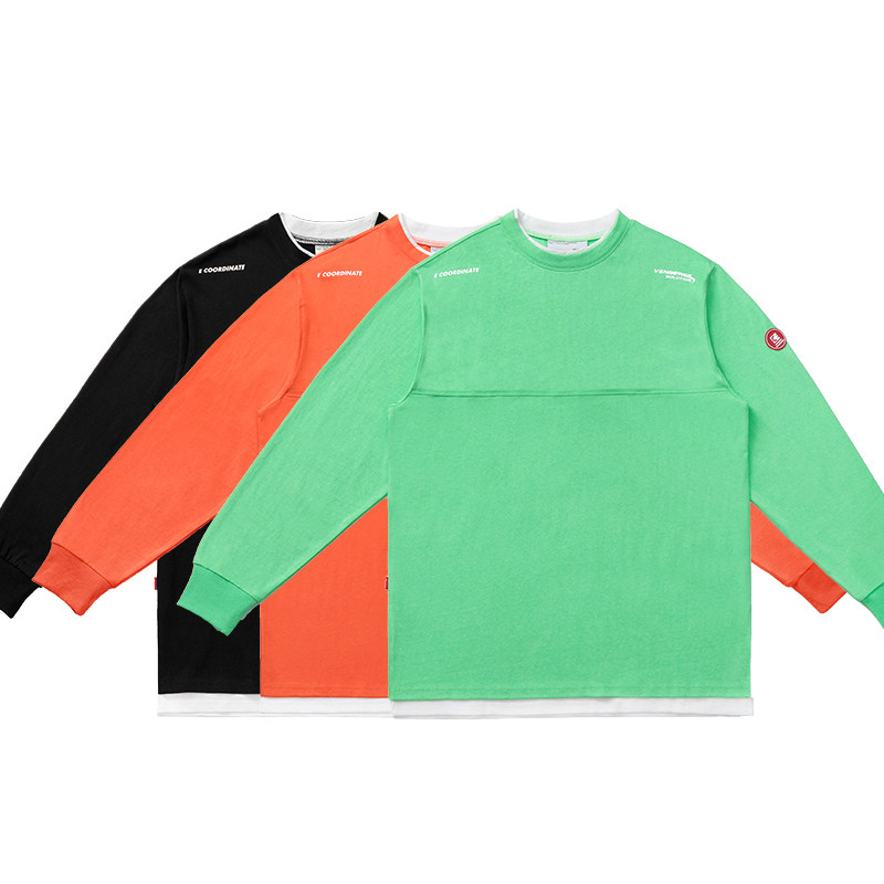 FPA (VENGETICE) fluorescent green false two-piece necropolis collar easing national tide card male and female long-sleeved T-shirt