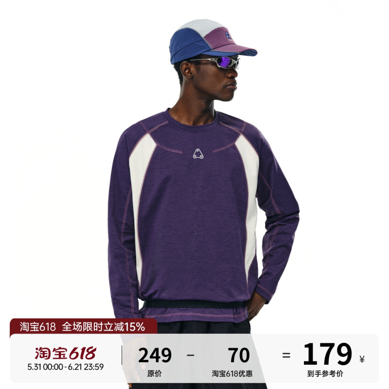 Fpa Color-Blocked Sports T-Shirt with Contrasting Stitching, Chinese-Style Autumn Loose Fit, American Brand Design, Round Neck, Long Sleeves