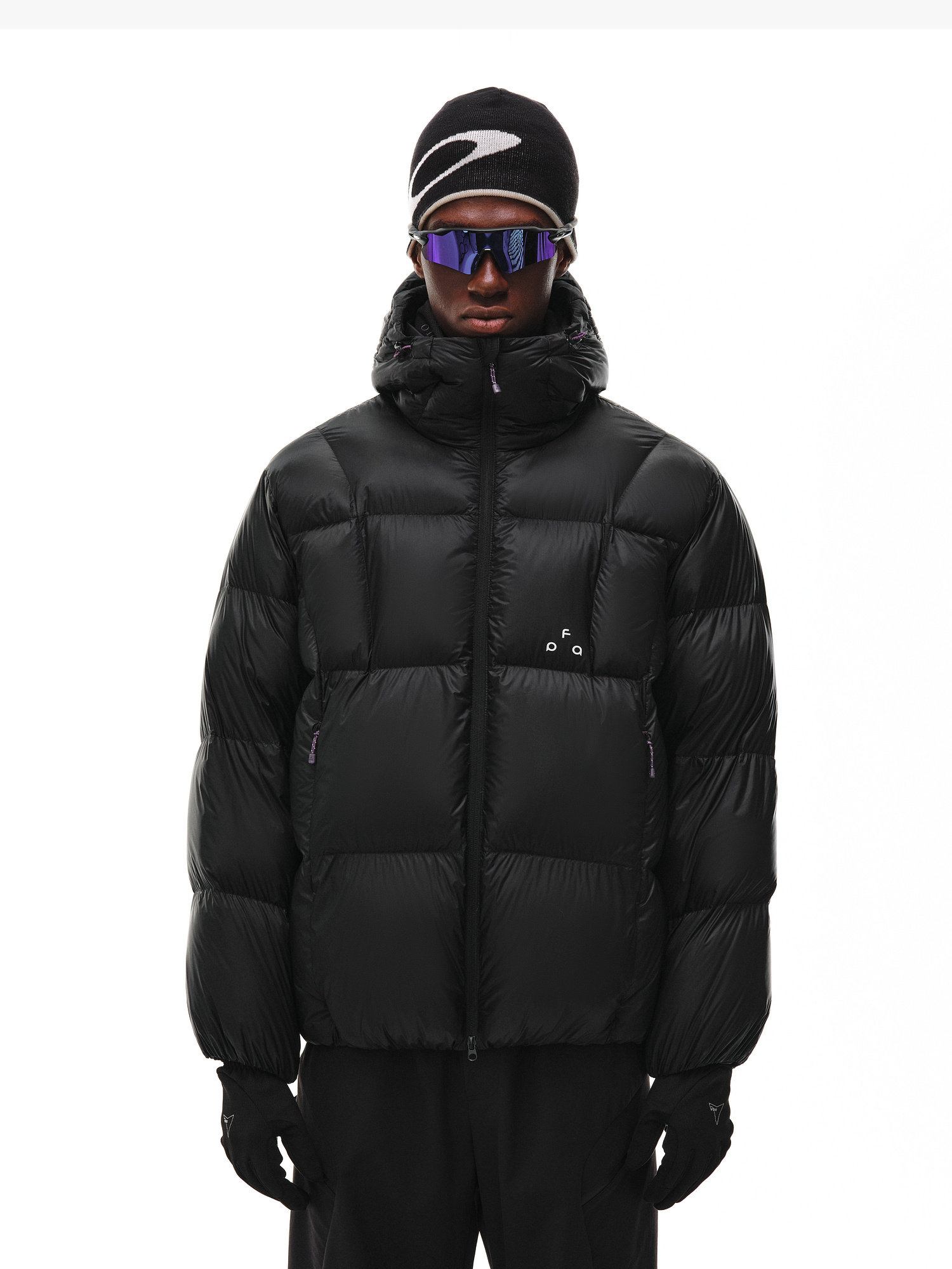 A person wearing an EastLyst Extreme-Cold Down Jacket, black beanie, black gloves, and large reflective sunglasses faces forward against a plain white background.