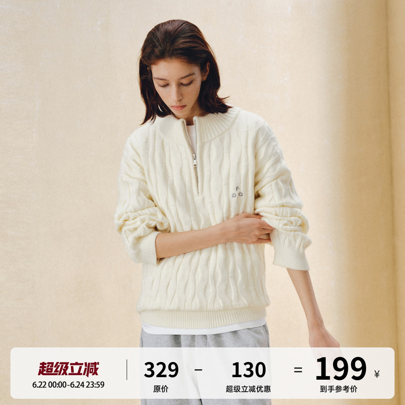Fpa Half-Zip Half-High Collar Cable Knit Pullover Sweater Casual Retro High-End Autumn Knitwear