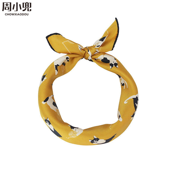 Week Small Pocket Original Cat Retro Yellow Genuine Silk crepe satin small square towel Less youthful teenage girl clarity