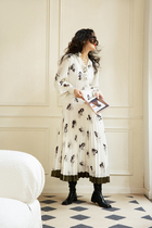 TOP home cooled high and French court lobe leaf tied high - density hemp printed long - sleeved dress