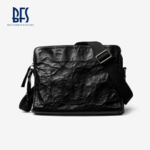 BFS mens leather shoulder bag casual large capacity shoulder bag mens bag fold head cowhide leather messenger bag tide