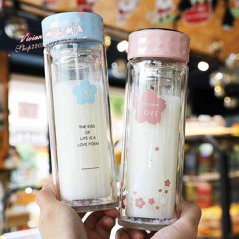 Hong Kong double glazed glass cup ins girl portable high face value drinking cup cute teenage girl filter tea cup
