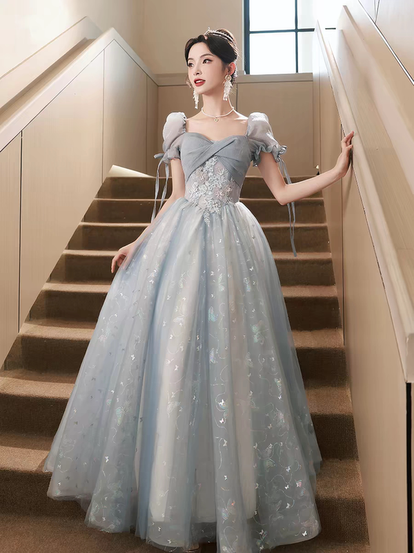 Plus-Size Blue Evening Dress for Banquets, Light Luxury, Niche Design, Suitable for Chubby Women, Art Exam Host, 100kg Coming-Of-Age Ceremony, Princess Long Dress for Women