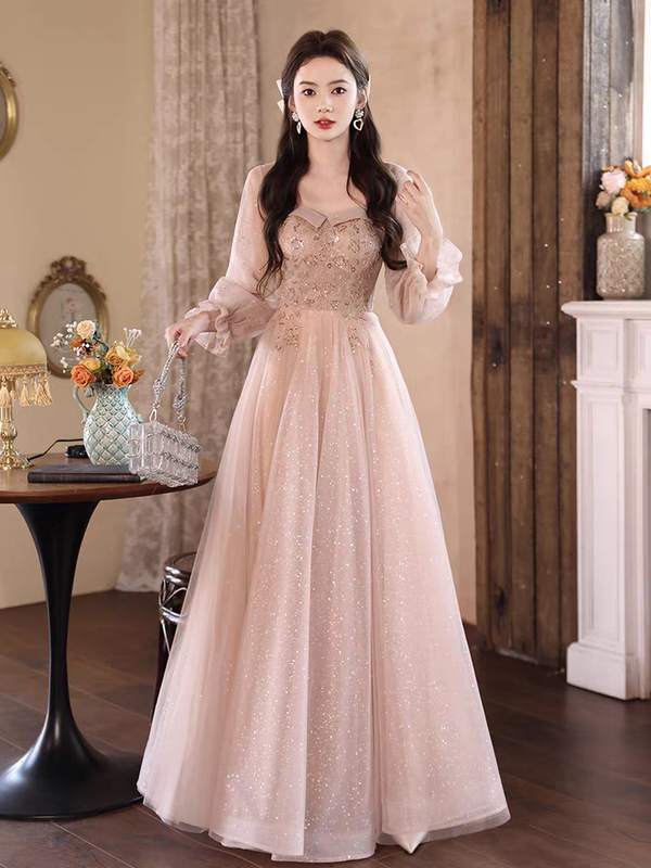 Plus-Size French Evening Dress for Chubby Girls, Princess-Like, Ethereal, High-End, Light Luxury, Niche, 100kg Style, Suitable for Hosting Banquets and Talent Shows, Long-Sleeved