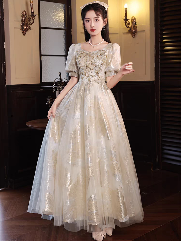 Plus-Size Evening Dress with a High-End Feel for Banquets, Elegant and Luxurious, Niche Style, Suitable for Art Exams and Hosting, Champagne Gold Color