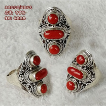 Style 1 Set 3 Coral Ring Nepal 925 Sterling Silver Set Ruby Ring Retro National Wind Ring