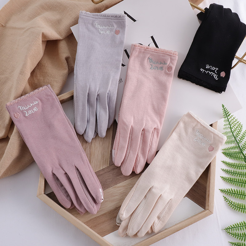 Summer slim SUNSCREEN GLOVES LADY PURE COTTON ANTI-UV RIDING ELECTRIC BOTTLE DRIVE SPRING AUTUMN ANTI-SLIP TOUCH SCREEN BREATHABLE